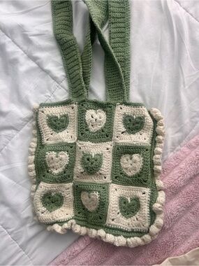 Handmade Green & Cream Crochet Heart Tote Bag